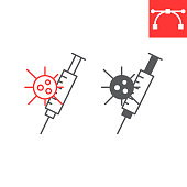 Covid-19 vaccine line and glyph icon, coronavirus and vaccination, syringe and virus vector icon, vector graphics, editable stroke outline sign, eps 10.