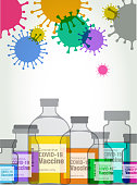 Colourful silhouettes of Vaccine Medical Vials, coronavirus, Covid-19, pandemic, cure, Hypodermic needles