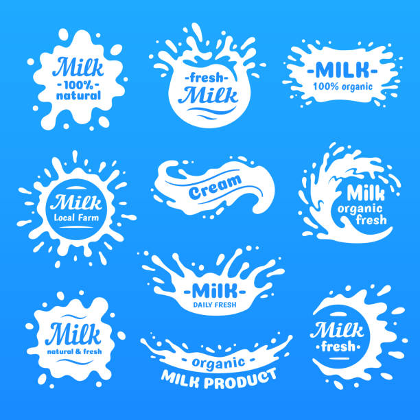 Cow milk splashes with letters. Isolated milks splash for health food store, dairy symbol vector label Cow milk splashes with letters. Isolated white fresh farm goat milks splash drop silhouette icon for health dairy organic calcium yogurt food store dairy symbol splashing shape vector label collection cream dairy product stock illustrations