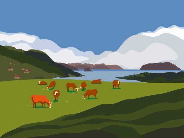 Cow on  Alps meadow Nature outdoor valley landscape. Colorful cartoon. Farming herd of brown cows on meadow. Rural community scene view. Domestic cattle mammal on green grass hill, field. Vector countryside background brown cow stock illustrations