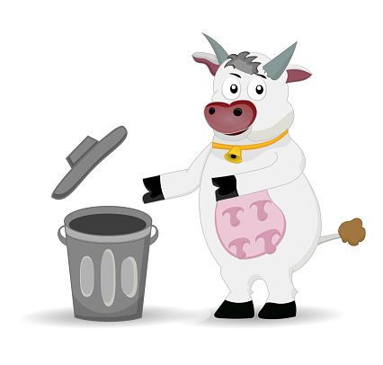 cow showing trash can