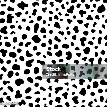 istock Cow skin texture seamless pattern. Black and white background. Animal print design. Wallpaper for apparel, textile, wrapping paper, etc. Vector illustration. 1080100264