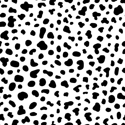 Cow skin texture seamless pattern. Black and white background. Animal print design. Wallpaper for apparel, textile, wrapping paper, etc. Vector illustration.