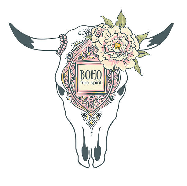 Cow Skull with ornament and peonies isolated on white background Cow Skull with ornament and peonies isolated on white background. Boho style. Vector Element for your design. Hand drawn illustration. drawing of the bull head tattoo designs stock illustrations