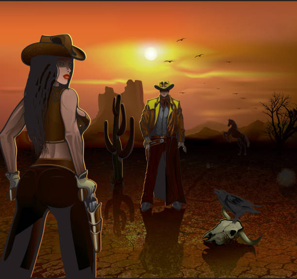 bildbanksillustrationer, clip art samt tecknat material och ikoner med cowboy and cowgirl duel - desert cowgirl