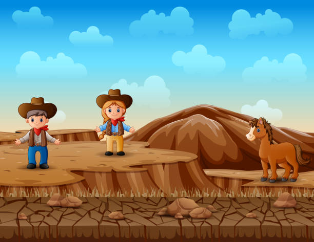 bildbanksillustrationer, clip art samt tecknat material och ikoner med cowboy och cowgirl i öknen landskapet - desert cowgirl