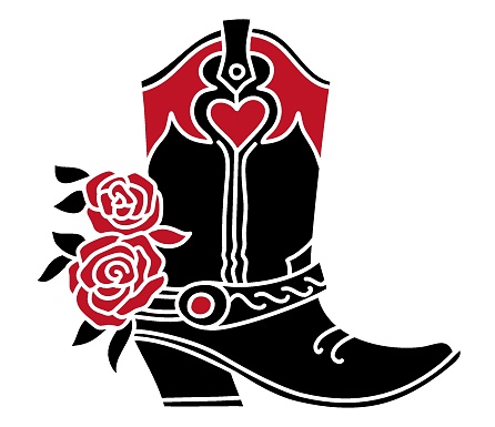 Cowboy boot with red Roses decoration. Black silhouette vector illustration isolated on white