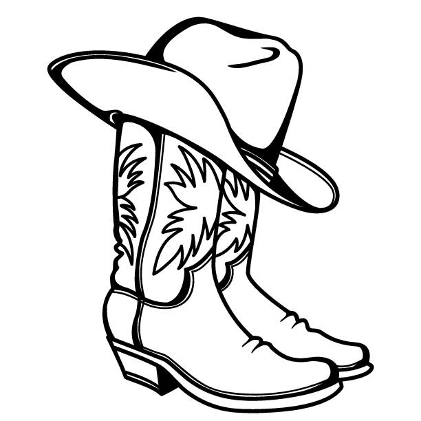 Cowboy boots and western hat. Vector graphic hand drawn illustration rodeo cowboy clothes isolated on white for print Cowboy boots and western hat. Vector graphic hand drawn illustration rodeo cowboy clothes isolated on white for print or design boot stock illustrations