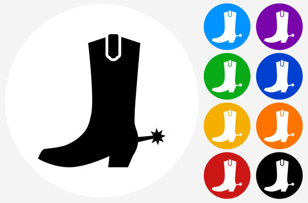 Cowboy Boots Icon on Flat Color Circle Buttons Cowboy Boots Icon on Flat Color Circle Buttons. This 100% royalty free vector illustration features the main icon pictured in black inside a white circle. The alternative color options in blue, green, yellow, red, purple, indigo, orange and black are on the right of the icon and are arranged in two vertical columns. cowboy boot stock illustrations