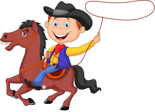 bildbanksillustrationer, clip art samt tecknat material och ikoner med cowboy cartoon rider on the horse throwing lasso - horse working