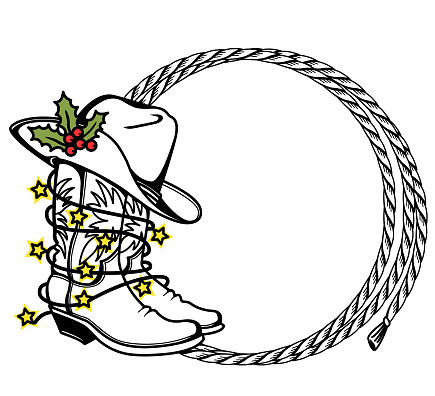 Cowboy Christmas printable Cowboy boots and hat with holiday lights. Western boots and hat background with rope frame for text
