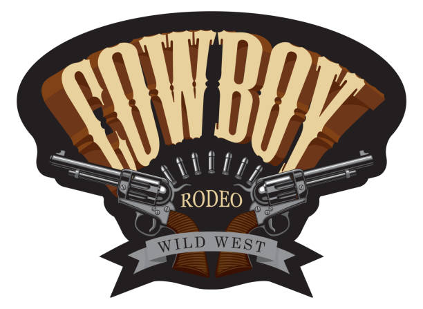 cowboy emblem with two old revolvers and bullets Emblem or banner for a Cowboy Rodeo show in retro style. Vector illustration with two old crossed revolvers, bullets and lettering. Suitable for poster, label, logo, flyer, invitation, t-shirt design buffalo shooting stock illustrations