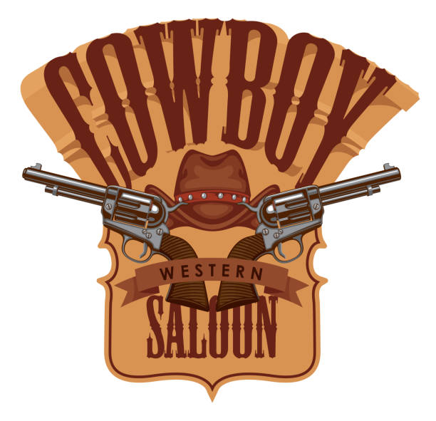 emblemat kowbojski z dwoma starymi rewolwerami i kapeluszem - texas shooting stock illustrations
