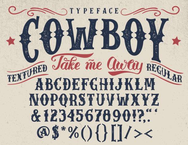 Cowboy handcrafted retro textured typeface Cowboy, take me away. Handcrafted retro textured regular typeface. Vintage font design, handwritten alphabet. Original handmade textured lettering cowboy stock illustrations
