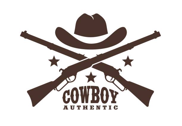 Cowboy hat with crossed rifles - Western retro icon stencil Cowboy hat with crossed rifles - Western retro icon stencil. Wild west sheriff ranger tattoo. Vector illustration. texas shooting stock illustrations
