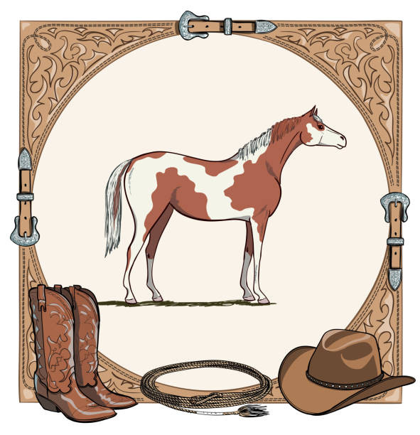Cowboy horse equine riding tack tool in the western leather belt frame. Western boot, hat, lasso rope and pinto or piebald horse. Hand drawing vector cartoon background. running borders stock illustrations