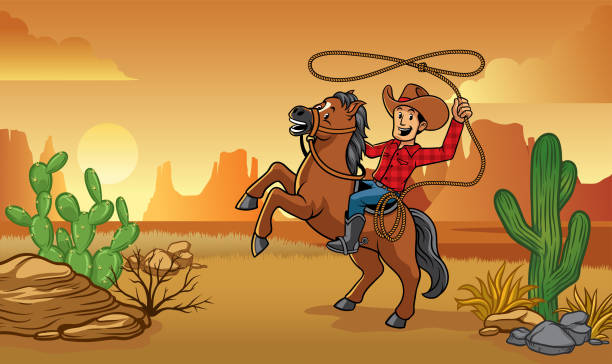 bildbanksillustrationer, clip art samt tecknat material och ikoner med cowboy ridning häst i öknen - desert cowgirl