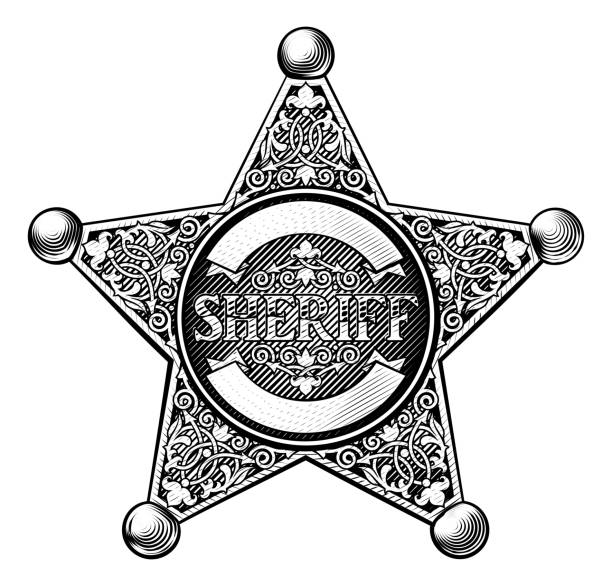 Cowboy Sheriff Star Badge Sheriff badge star in a vintage etched engraved style police badge stock illustrations