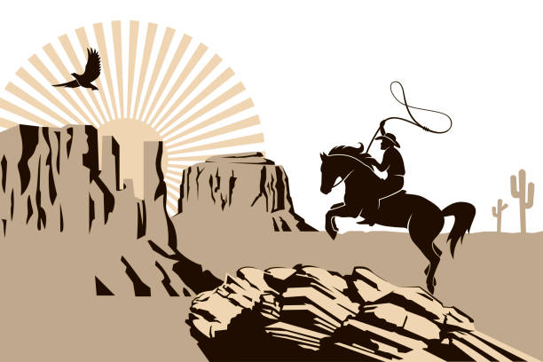 cowboy silhouette illustration western cowboy silhouette with lasso on horse illustration with mountains texas shooting stock illustrations