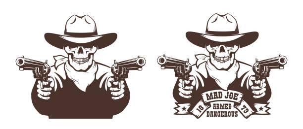 ilustraciones, imágenes clip art, dibujos animados e iconos de stock de cowboy skull salvaje oeste pistolero tatuaje - texas shooting