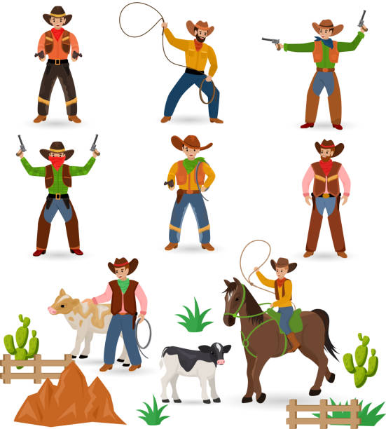Cowboy vector western cow boy or wild west sheriff signs hat or horseshoe in wildlife desert with cactus illustration wildly horse character for rodeo set isolated on white background Cowboy vector western cow boy or wild west sheriff signs hat or horseshoe in wildlife desert with cactus illustration wildly horse character for rodeo set isolated on white background. cowboy stock illustrations