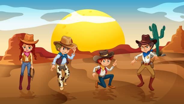 bildbanksillustrationer, clip art samt tecknat material och ikoner med cowboys and a cowgirl at the desert - desert cowgirl