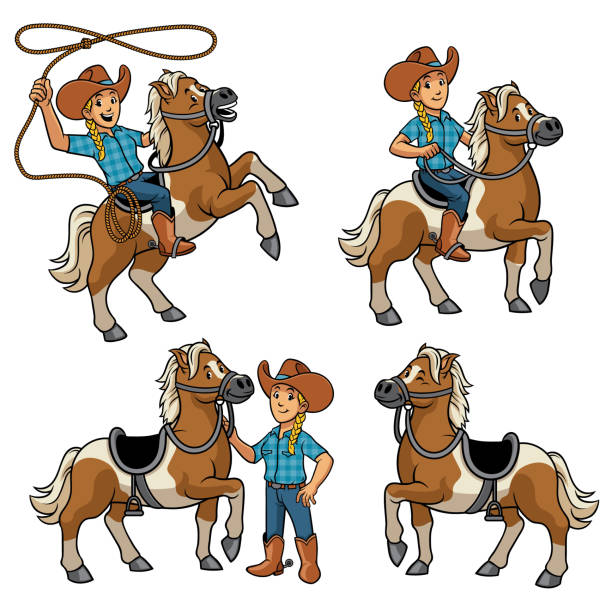 bildbanksillustrationer, clip art samt tecknat material och ikoner med cowgirl och häst set - desert cowgirl