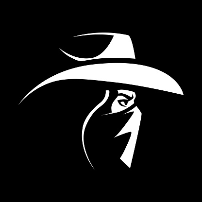 Cowgirl outlaw portrait white symbol on black backdrop. Design element