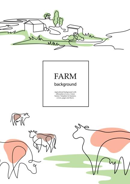 illustrazioni stock, clip art, cartoni animati e icone di tendenza di mucche e case del villaggio. progettazione del layout della brochure agricola. - alpeggio