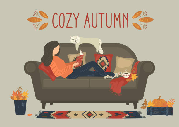 ilustrações de stock, clip art, desenhos animados e ícones de cozy autumn. - book cat