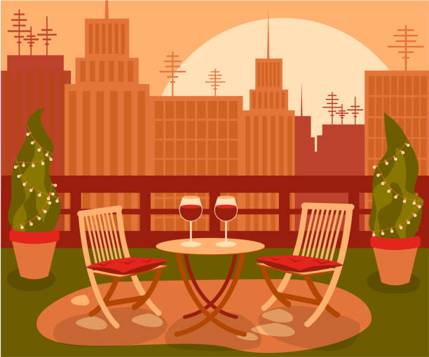 stockillustraties, clipart, cartoons en iconen met gezellige mooie tuin op dak met lijst en twee stoel in de grote stad met het stadsgezicht op zonsondergang - sunset dining