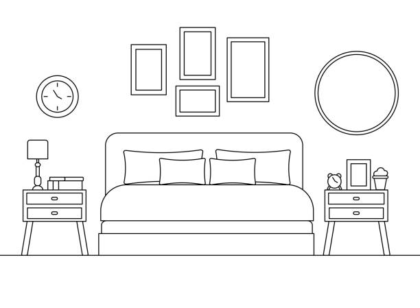 Cozy bedroom linear interior scene with furniture isolated on white background. Cozy bedroom linear interior scene with furniture isolated on white background. Hotel room with black silhouete of bed nightstands mirror books lamp alarm clock in line art. Vector illustration. bed furniture backgrounds stock illustrations