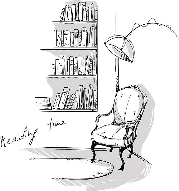 cozy corner at home – bookshelves and a chair Reading time. A quiet cozy corner at home – bookshelves and a chair. Hand drawn, vector eps 10 drawing of a bookshelf stock illustrations