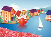 Vector illustration of the town landscape with river, townhouses & boats.
