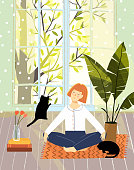 Young girl sitting at home interior on the floor rug relaxing in peace, meditating in front of the big window. Vector artistic hand drawn modern design.