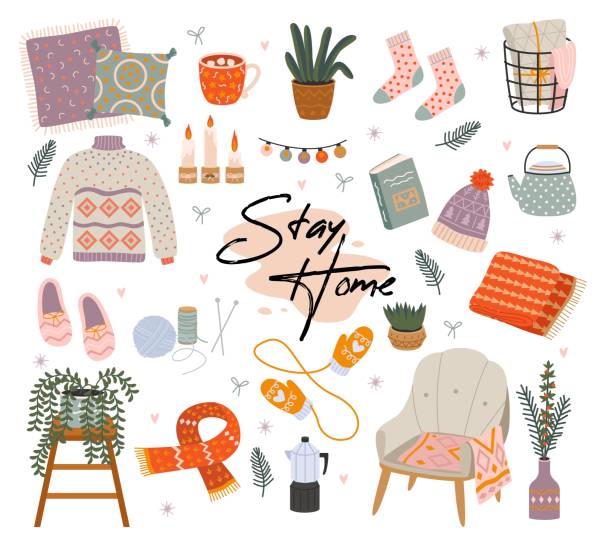 Cozy home. Scandinavian comfort hand drawn interior objects, apartment decorations and furniture, house pleasant winter hygge things, warm lamp atmosphere. Vector isolated set Cozy home. Scandinavian comfort hand drawn interior objects, apartment decorations and furniture collection, house pleasant winter hygge things, warm lamp atmosphere. Vector cartoon isolated set hygge stock illustrations