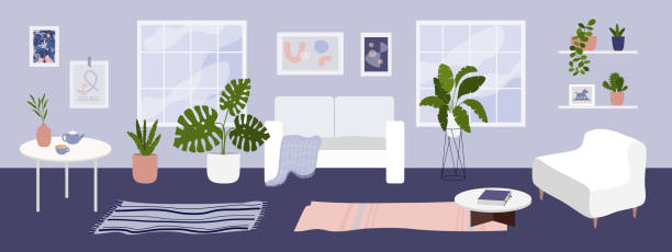 ilustraciones, imágenes clip art, dibujos animados e iconos de stock de acogedor interior de apartamento moderno con plantas de hogar y decoración elegante del hogar - living room