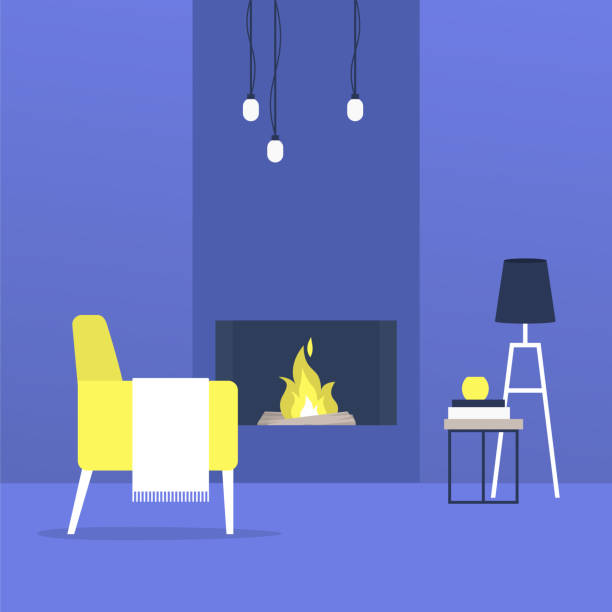 ilustrações de stock, clip art, desenhos animados e ícones de cozy minimalist interior with a fireplace and armchair, no people - living room night nobody
