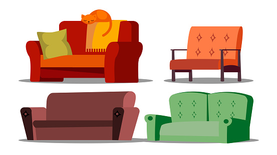 Cozy Sofa, Divan, Cushioned Furniture Vector Set