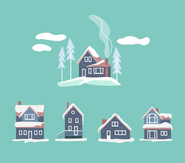 舒適的冬天的房子設置。雪的向量風景 - 原木小屋 插圖 幅插畫檔、美工圖案、卡通及圖標