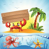 Crab with Sign and Underwater Scene. High Resolution JPG,CS5 AI and Illustrator EPS 10 included. Each element is named,grouped and layered separately. 