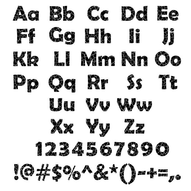 Cracked alphabet set Set of black cracked alphabet and number isolated on white background linotype stock illustrations
