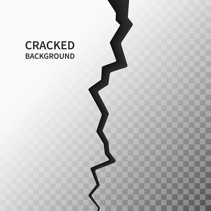 Cracked ground surface. Realistic crack texture on transparent background. Earth crack. Rift on surface. Split terrain after earthquake. Crack on the wall or on the ice. Vector illustration