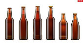 Mockup set of Craft beer bottle. Different bottle models in Brown glass. Individual and home brewery. Handcrafted beer. Vector Illustration isolated on white background.