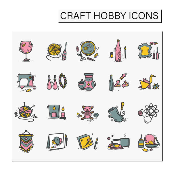 handwerk hobby set handgezeichnete farbsymbole - upcycling stock-grafiken, -clipart, -cartoons und -symbole