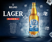 Craft lager beer ads with splashing. Realistic glass beer bottle with flying ice cubes on shiny blue background. Vector 3d illustration EPS 10