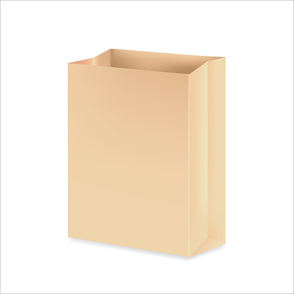 Craft paper bag. Packaging for takeaway food or gifts. Vector 3d realistic illustration. Empty brown template. Close up. EPS 10.