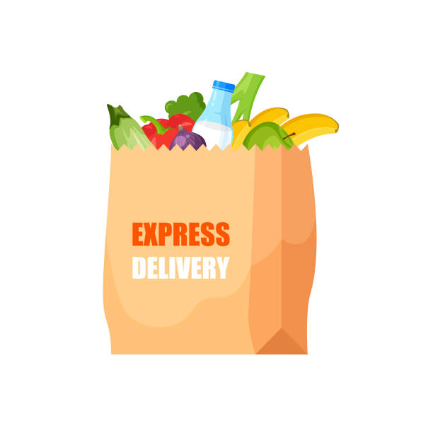 bildbanksillustrationer, clip art samt tecknat material och ikoner med craft paper package with food for express delivery. - brown paper bag