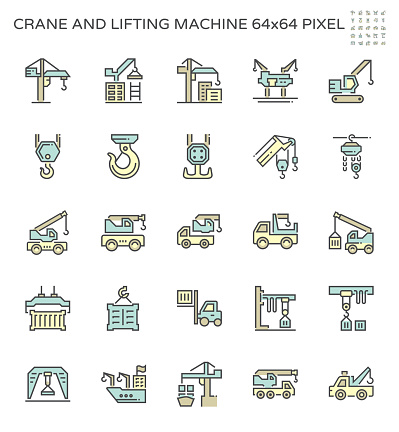 Crane and lifting machine icon set, 64x64 pixel perfect and editable stroke.