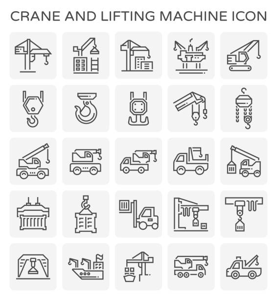 crane lift icon Crane and lifting machine vector icon set. hook equipment stock illustrations